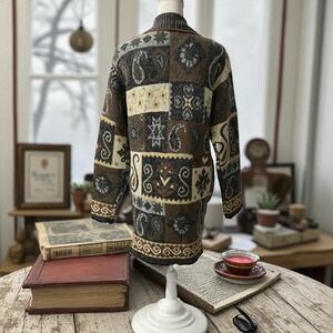 Baxter & Wells Brown Paisley Print Wool Blend Open Knit Cardigan Sweater Size S‎